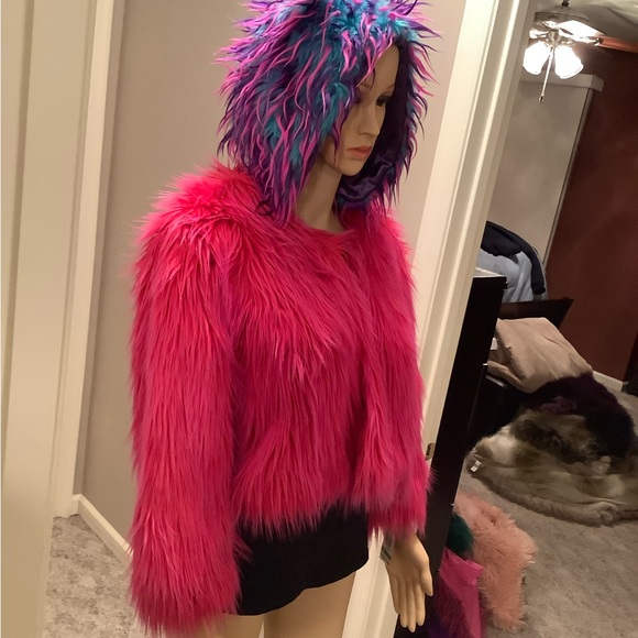 INC Hot Pink Faux Fur Rave Punk Glam Crop Bolero Jacket Size Large - Picture 6 of 15